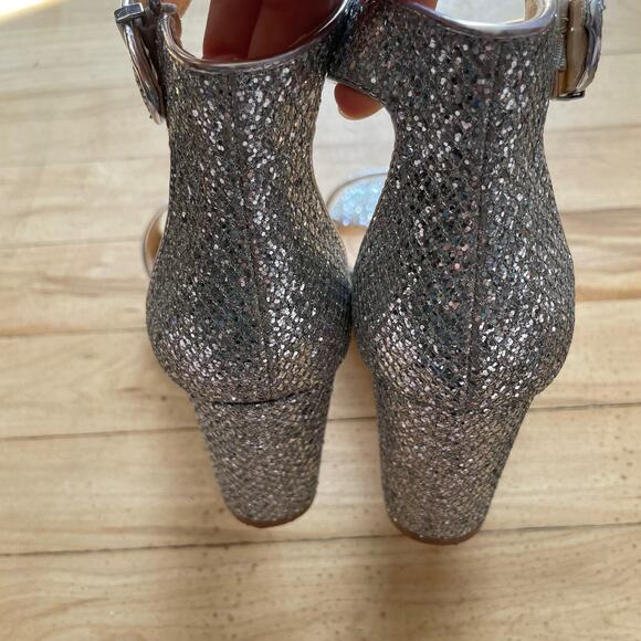 Badgley Mischka Jeweled Sandals Women 7.5 Bridal Silver Strappy Block Heel Party - Picture 8 of 11